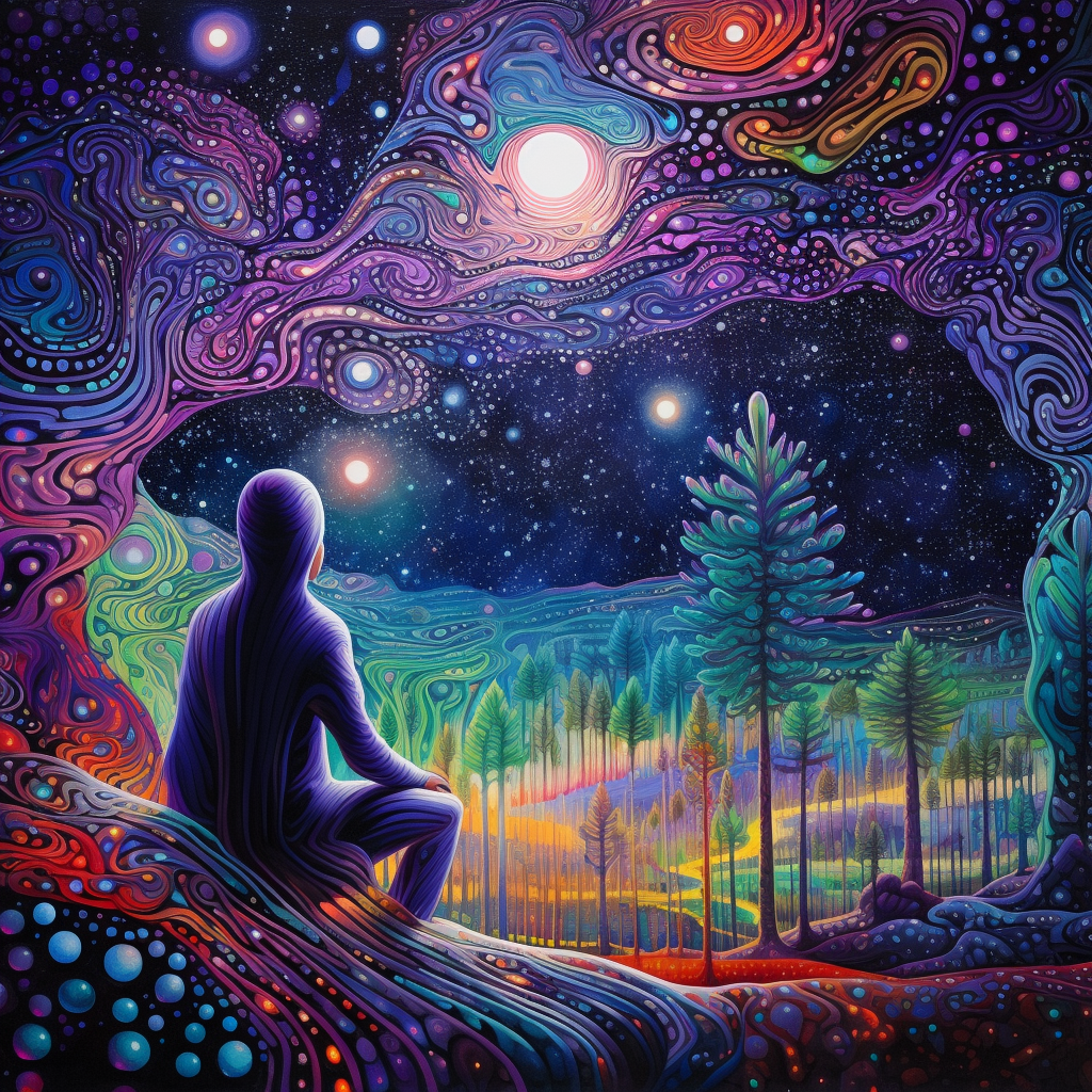 A man witnessing the psychedelic night sky